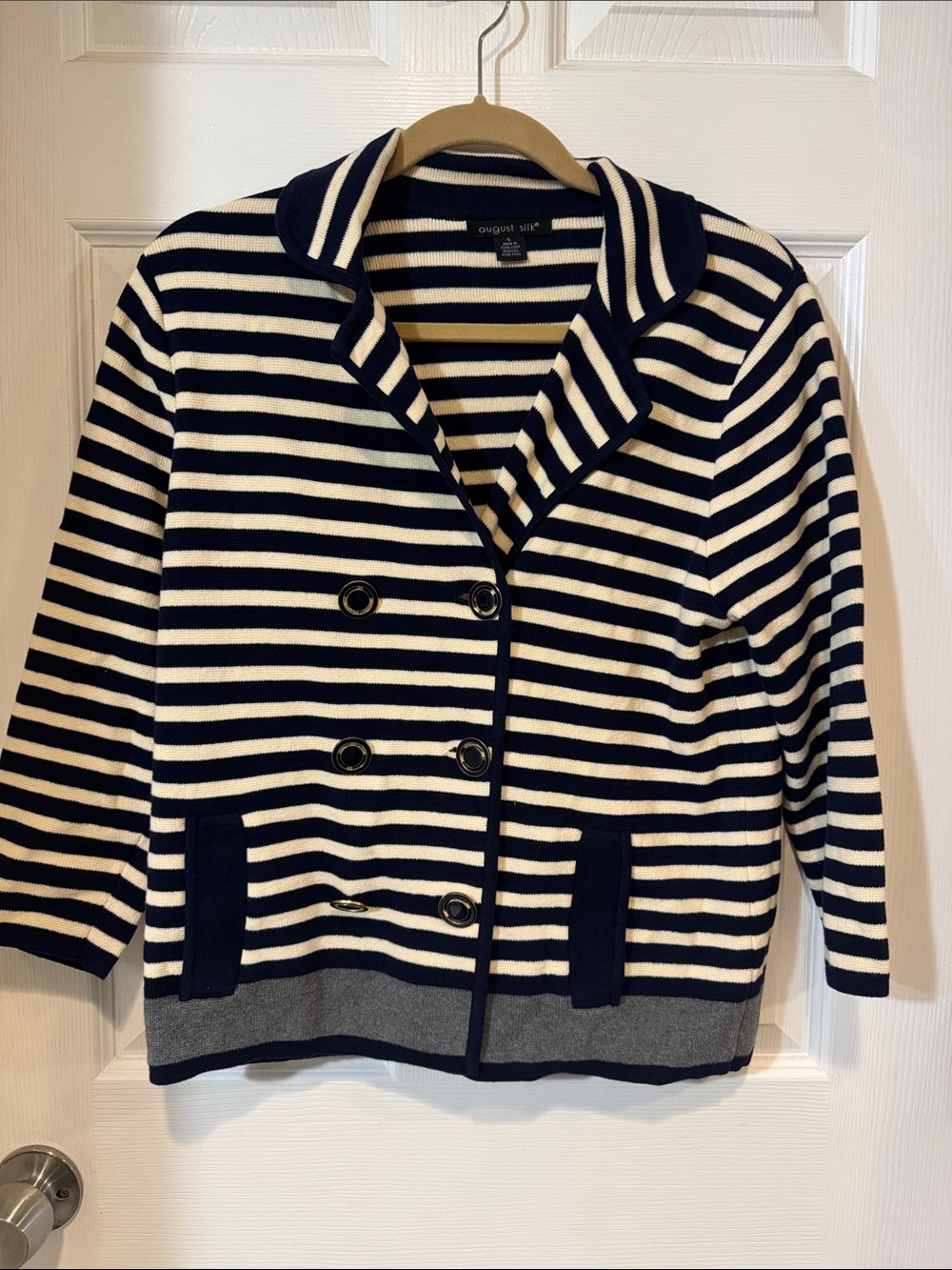 August Silk Striped Double Breasted Navy & White Peacoat Cardigan L